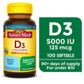 Nature Made Extra Strength Vitamin D3 5000 IU (125 mcg) Softgels, Dietary Supplement, 100 Count