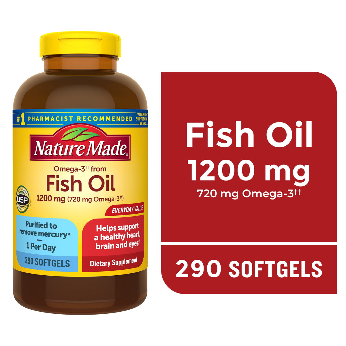 Nature Made Omega 3 Fish Oil 1200mg One per Day Softgels, Fish Oil Supplements, 290 Count