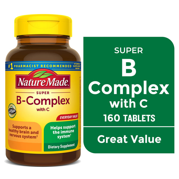 Nature Made Super B Complex with Vitamin C and Folic Acid Tablets, Dietary Supplement, 160 Count
