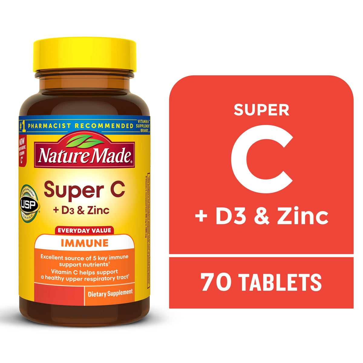 Nature Made Super C Tablets for Immune Support with Vitamin D3 and Zinc, 70 Count