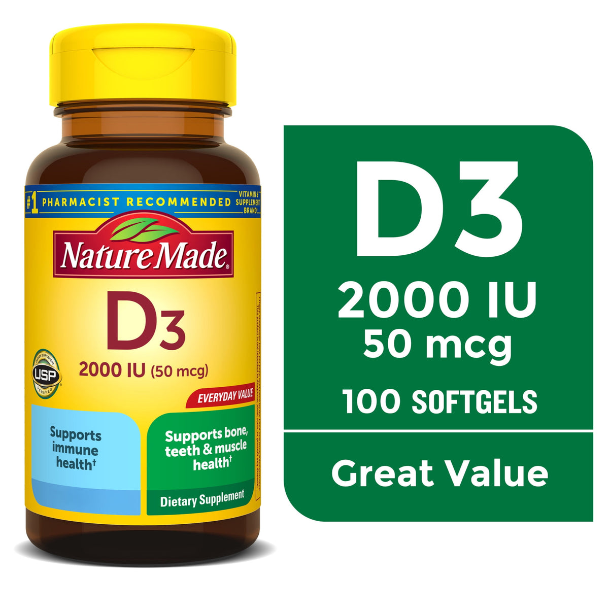 Nature Made Vitamin D3 2000 IU (50 mcg) Softgels, Vitamin D Dietary Supplement, 100 Count