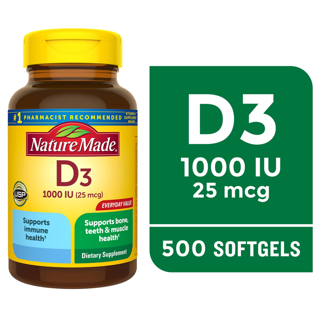 Nature Made Vitamin D3 1000 IU (25 mcg) Softgels, Vitamin D Dietary Supplement, 500 Count
