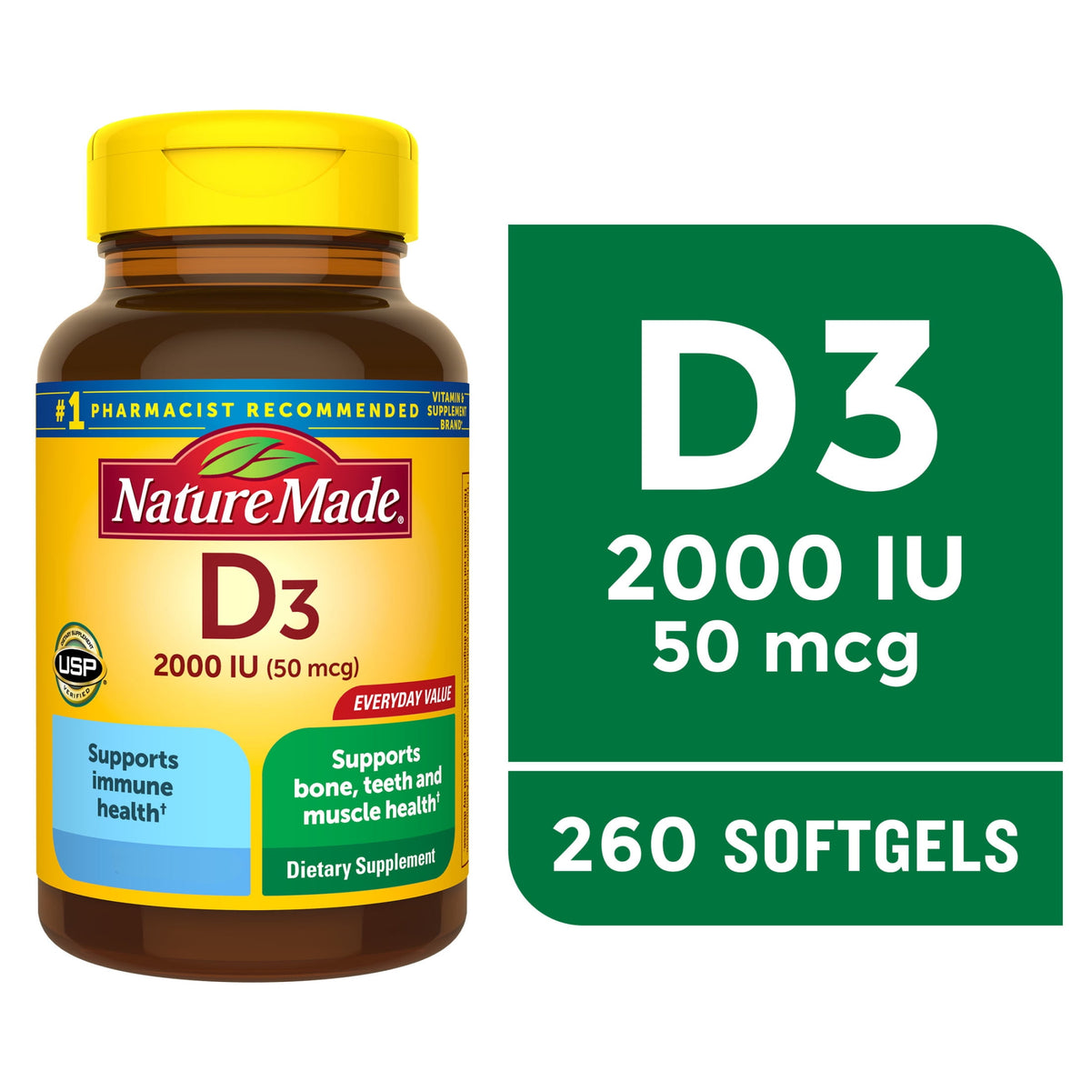 Nature Made Vitamin D3 2000 IU (50 mcg) Softgels, Vitamin D Dietary Supplement, 260 Count