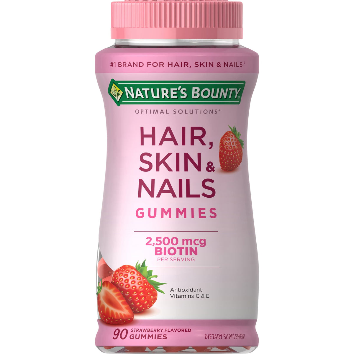 Nature's Bounty Optimal Solutions Hair Skin and Nail Vitamins With Biotin, Women's Multivitamin, Strawberry Gummies, 90 Count