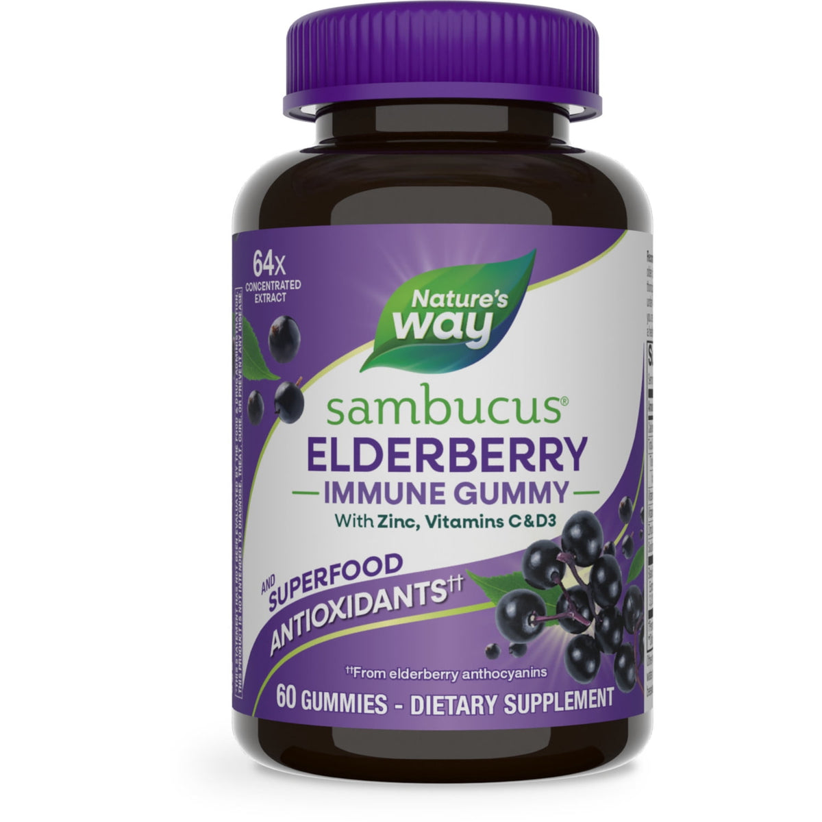 Nature's Way Sambucus Elderberry Immune Gummies, with Vitamins C, D3, & Zinc, Unisex, 60 Count