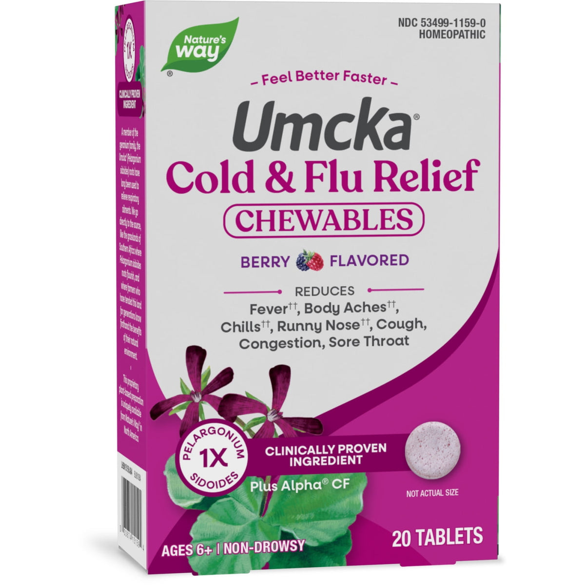 Nature's Way Umcka Cold & Flu Relief Chewable Tablets, Multi-Symptom Relief, Berry, Unisex, 20 Count