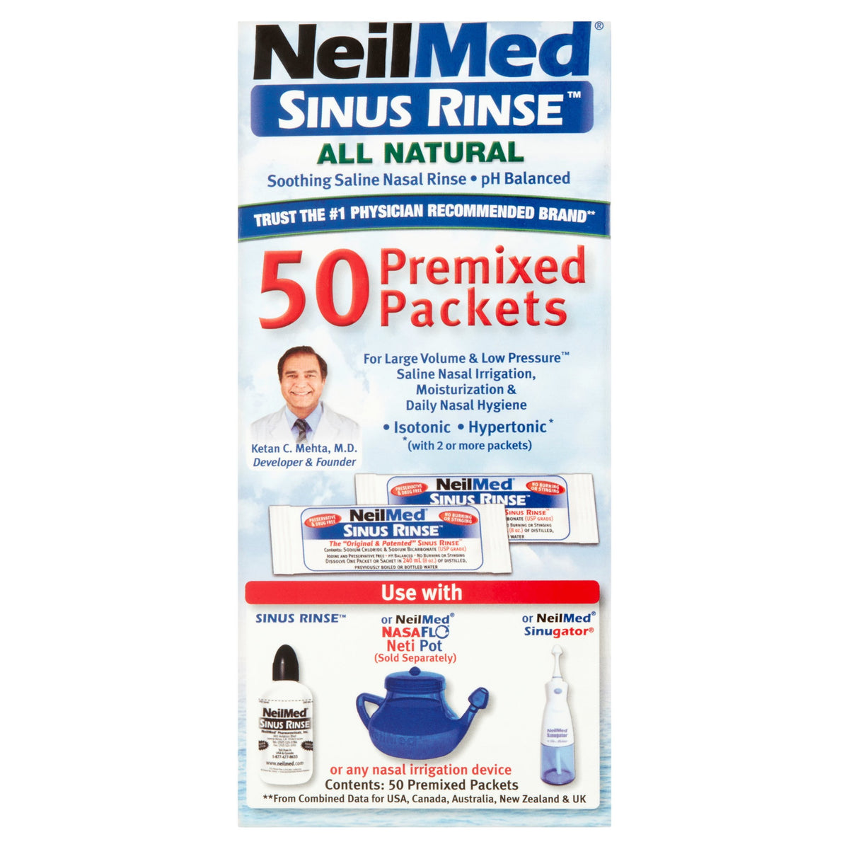 NeilMed Sinus Rinse Packets, Natural Relief for Nasal Irrigators, 50 Count, 10 mg