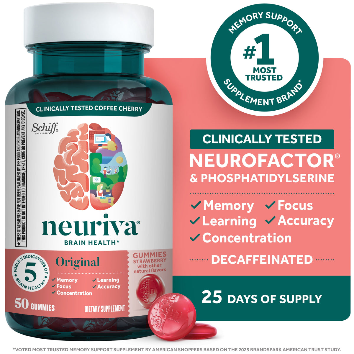 Neuriva Original Brain Supplements for Memory and Focus Phosphatidylserine Strawberry Gummies 50 Count