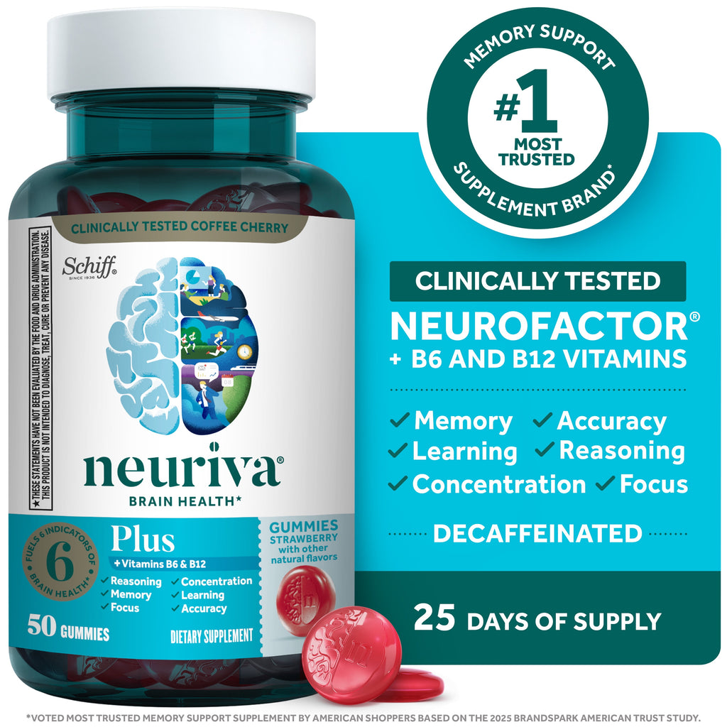 Neuriva Plus Brain Supplements for Memory and Focus Vitamin B12 & B6 Strawberry Gummies 50 Count