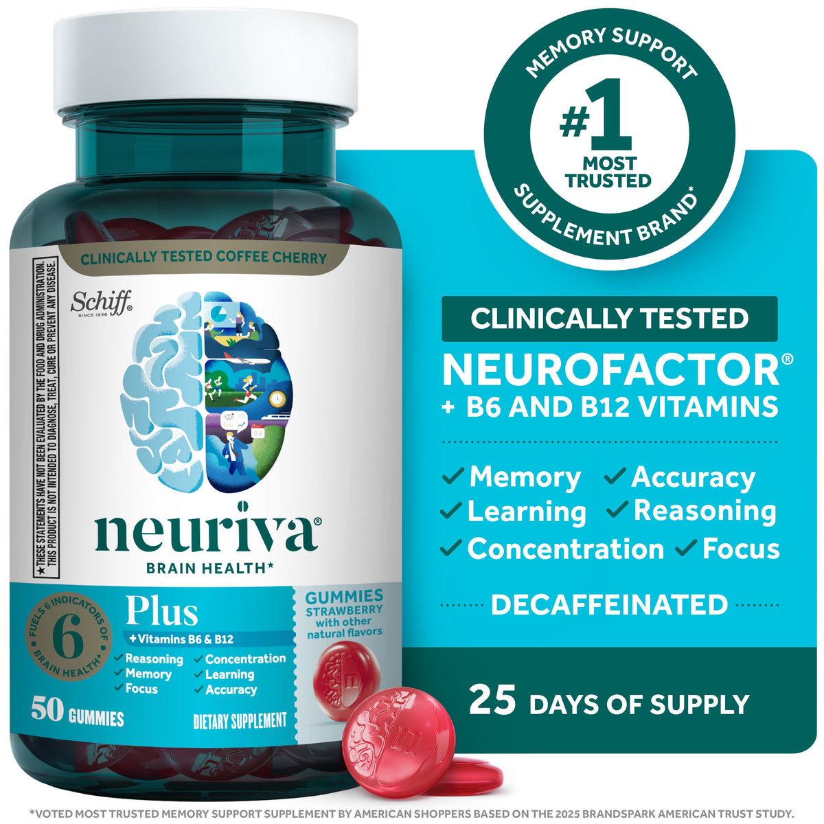 Neuriva Plus Brain Supplements for Memory and Focus Vitamin B12 & B6 Strawberry Gummies 50 Count