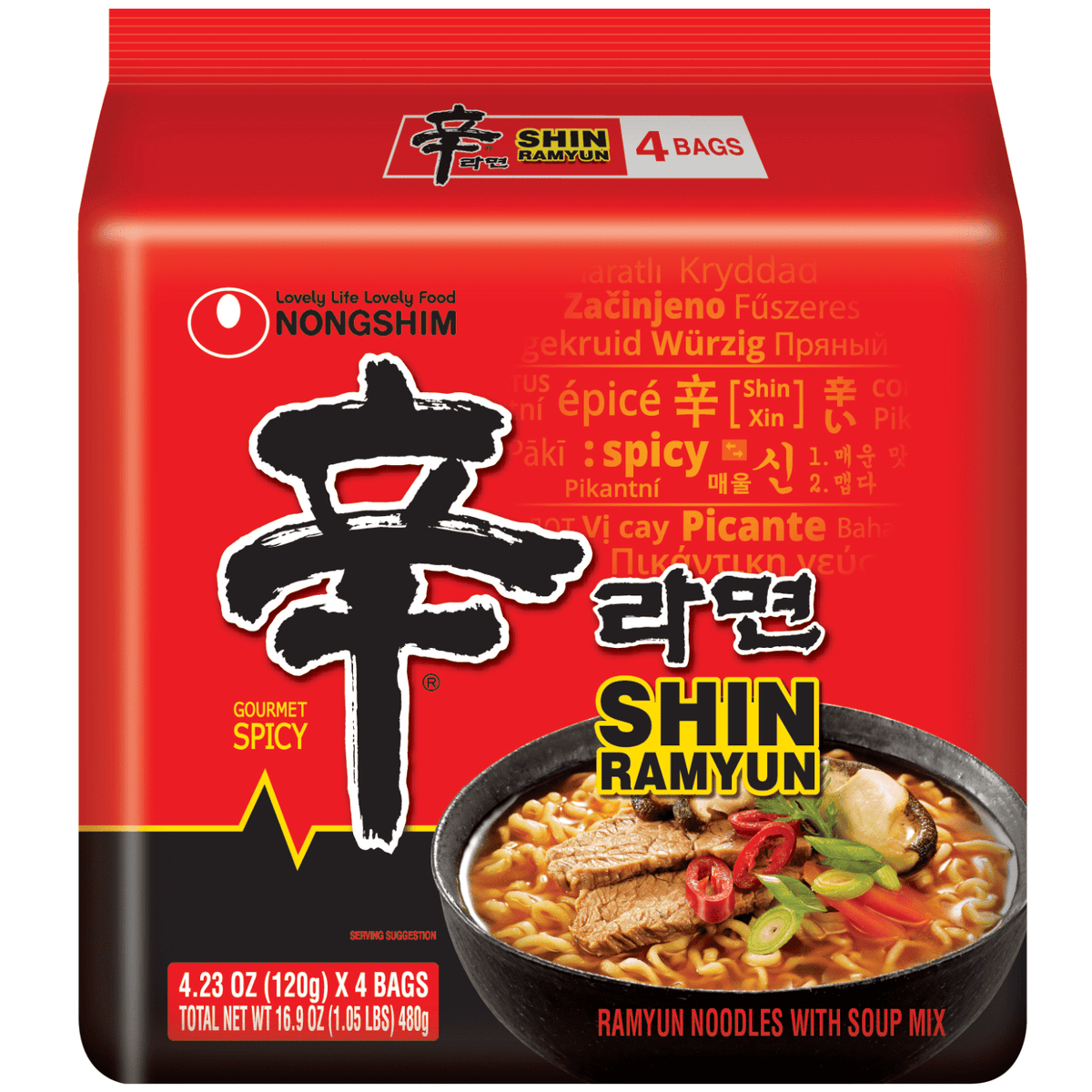 Nongshim Shin Ramyun Spicy Beef Ramen Noodle Soup Pack, 4.02oz X 4 Count