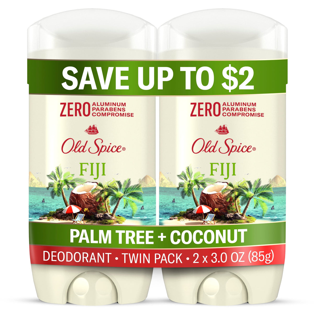 Old Spice Deodorant for Men, Aluminum Free, Invisible Solid Stick, Fiji with Palm Tree, 3.0 oz, 2 Pack