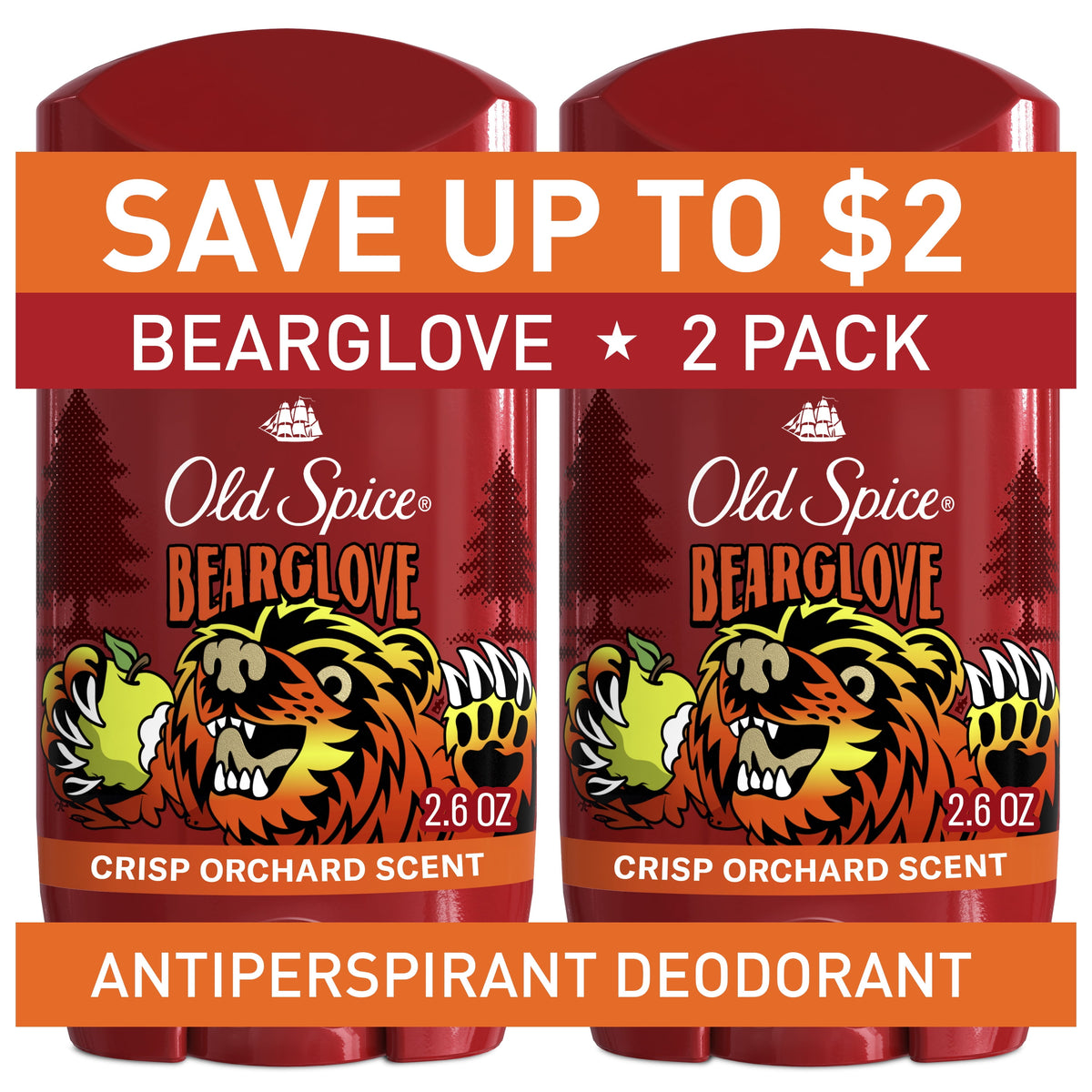 Old Spice Men's Deodorant, Invisible Solid, Antiperspirant Deodorant Stick for Men, Bearglove, 2.6 oz, 2 Pack
