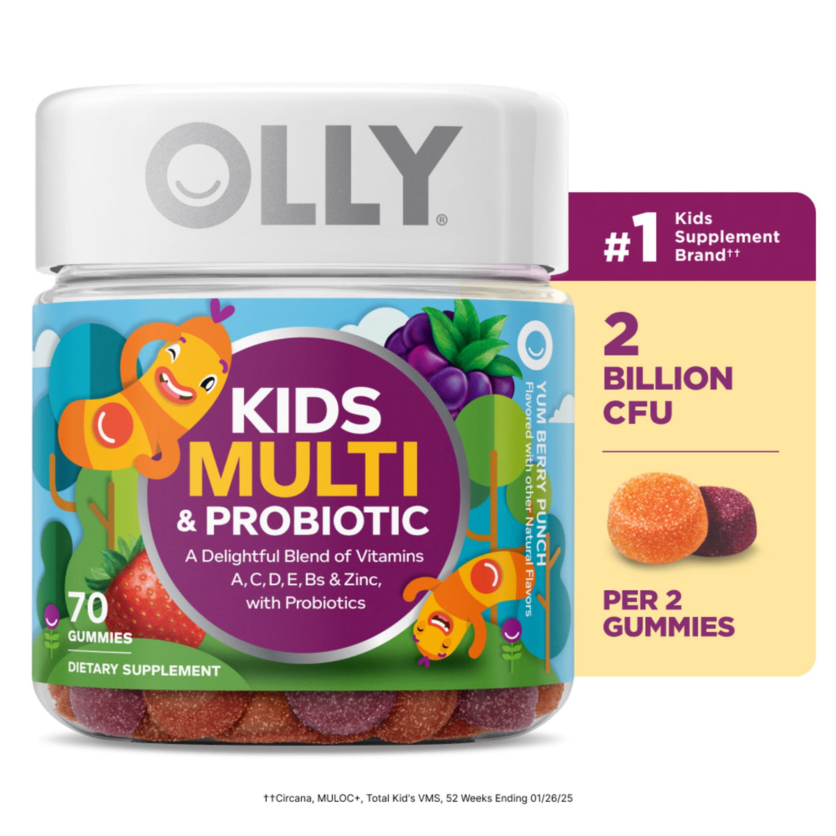 OLLY Kids Multivitamin + Probiotic Gummy, Daily Digestive Supplement, Zinc, Berry Flavor, 70 Count