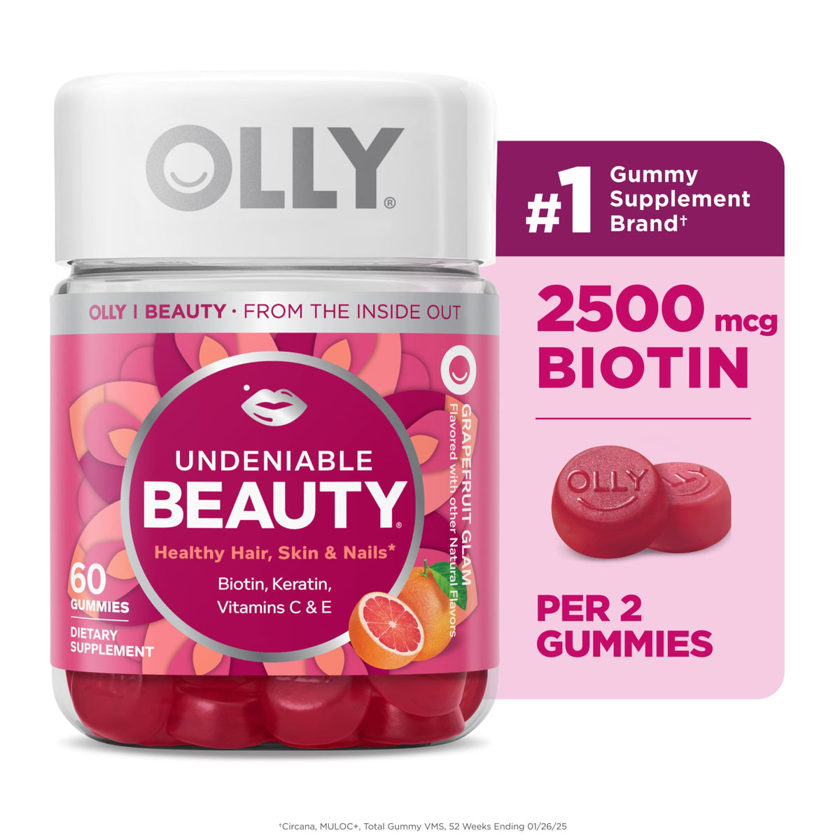 OLLY Undeniable Beauty Gummies, Biotin, Keratin, Supplement for Hair, Skin, Nails, 60 Count
