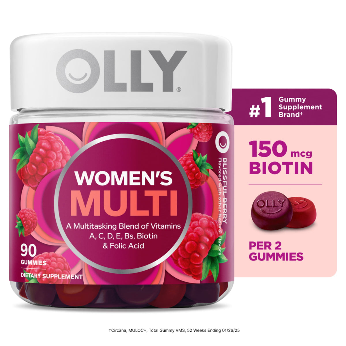 OLLY Women's Multivitamin Gummy Supplement, Vitamins A, D, C, E, Biotin, Folic Acid, 90 Count