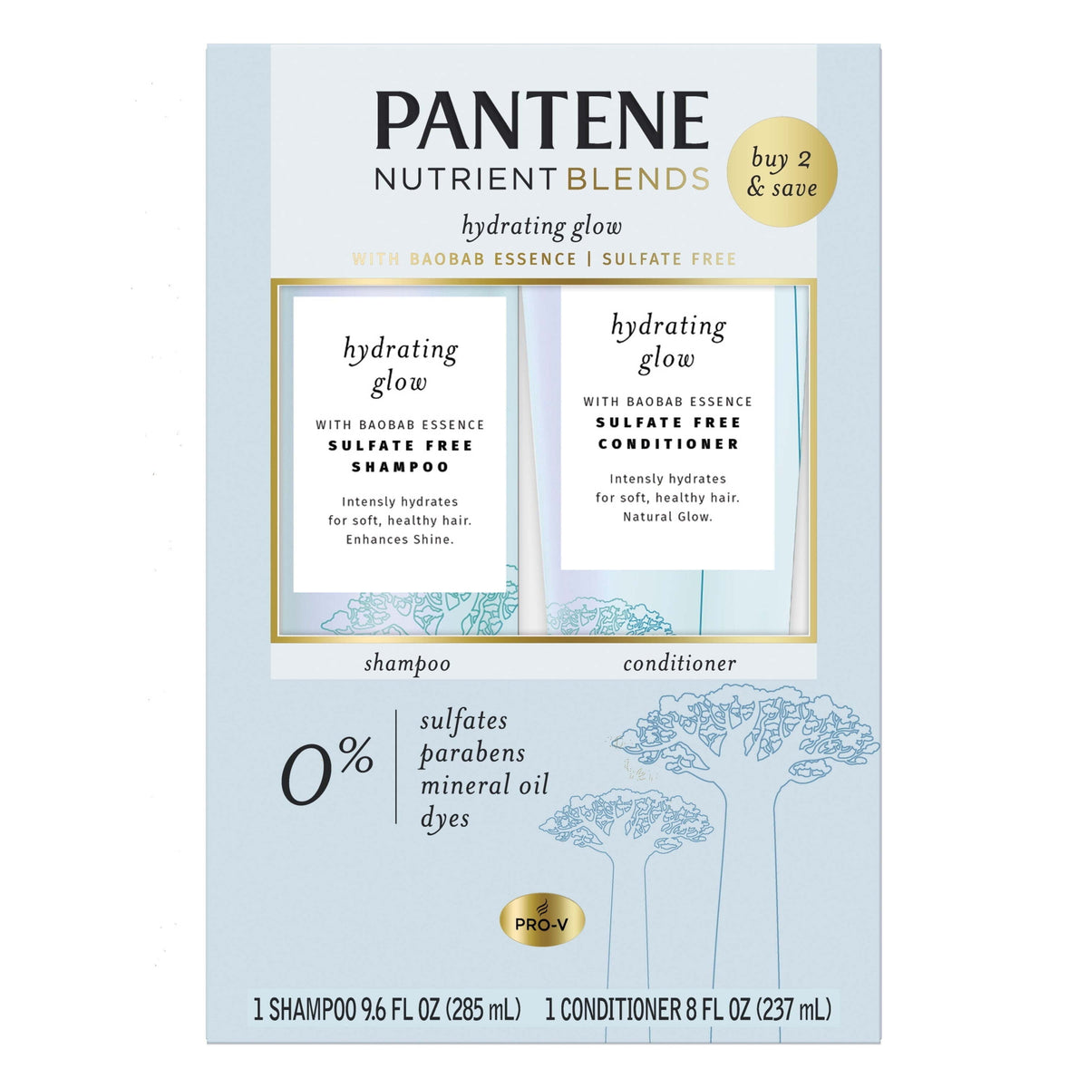 Pantene Shampoo and Conditioner Hydrating Glow, Sulfate-free with Baobab Essence, 9.6 fl oz+ 8 fl oz