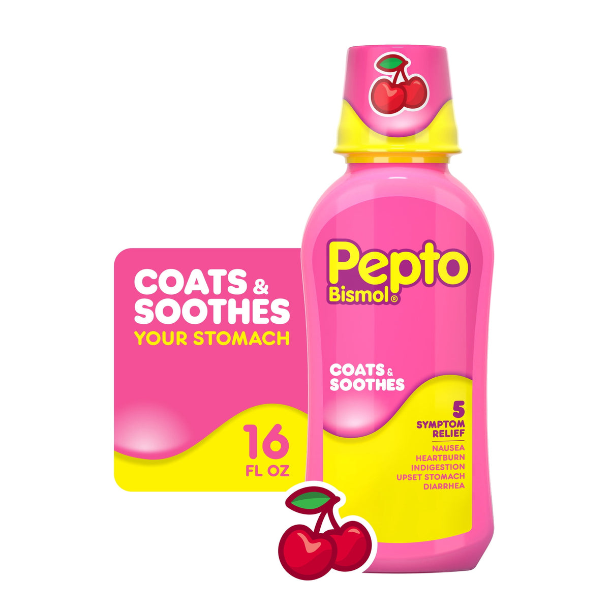 Pepto Bismol Liquid, Upset Stomach Relief, Stomach Relief, Anti-Diarrhea, Cherry, 16 Fl oz