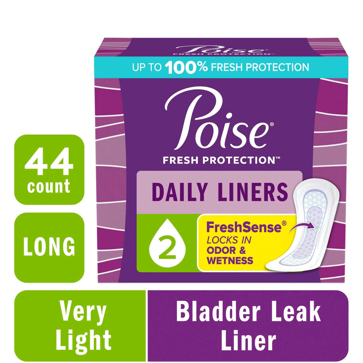Poise Daily Incontinence Panty Liners, 2 Drop Very Light Absorbency, Long, 44 Count