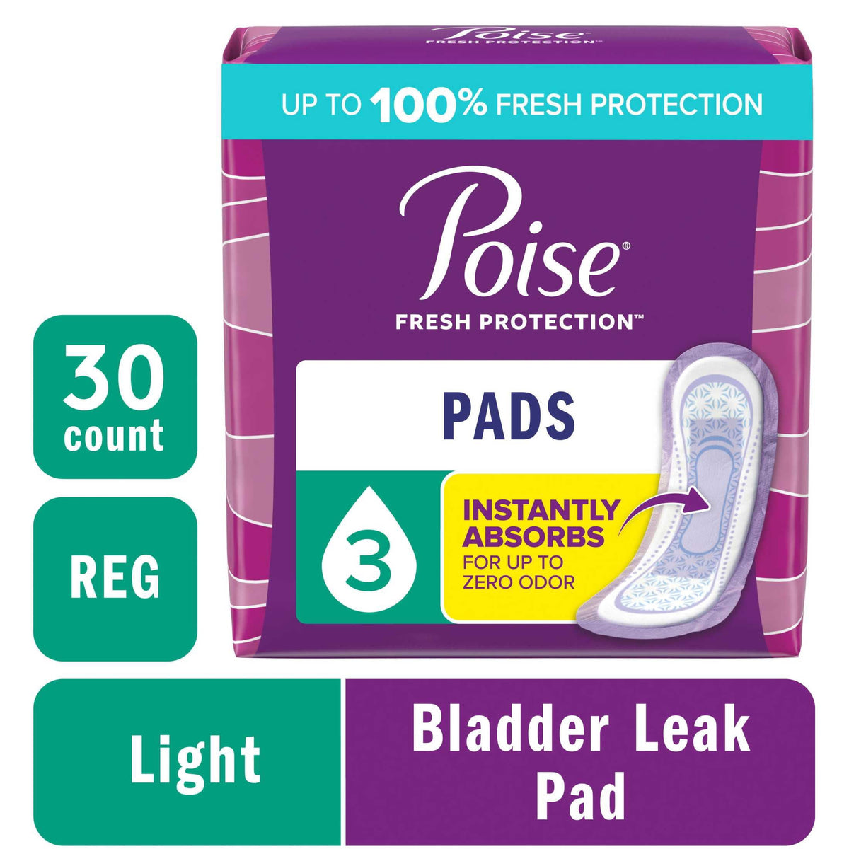Poise Incontinence Pads for Women, 3 Drop Light Absorbency, Regular Length, 30 Count