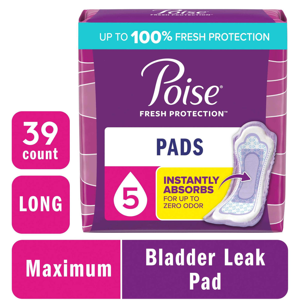 Poise Incontinence Pads for Women, 5 Drop Maximum Absorbency, Long Length, 39 Count