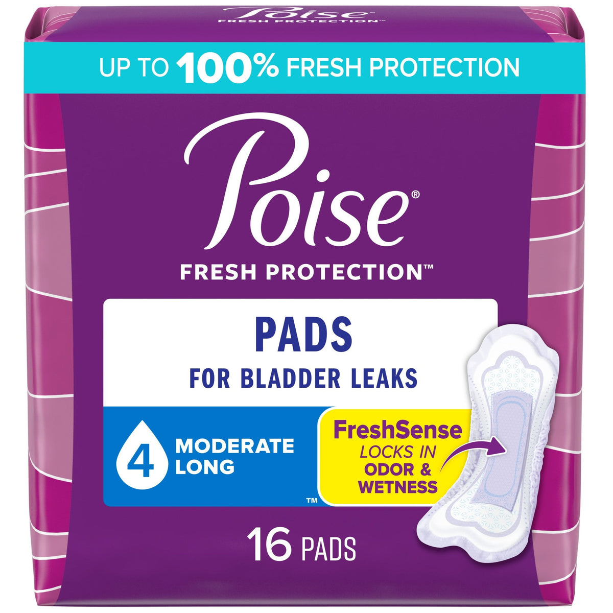 Poise Incontinence Pads for Women, Moderate Absorbency, Long Length, 16 Count
