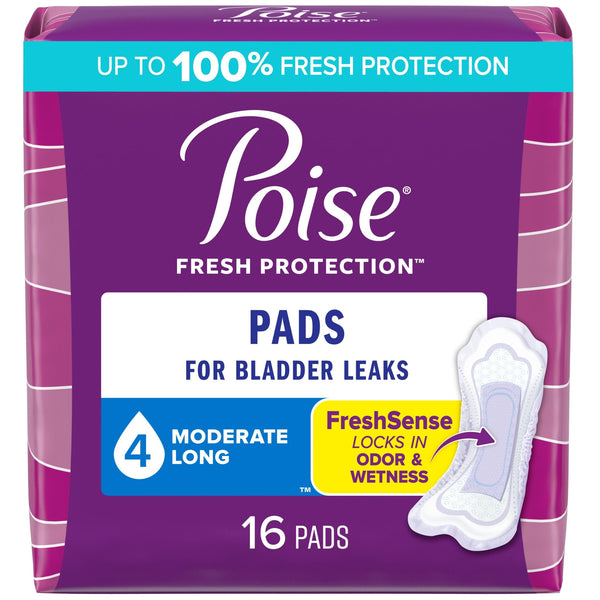 Poise Incontinence Pads for Women, Moderate Absorbency, Long Length, 16 Count