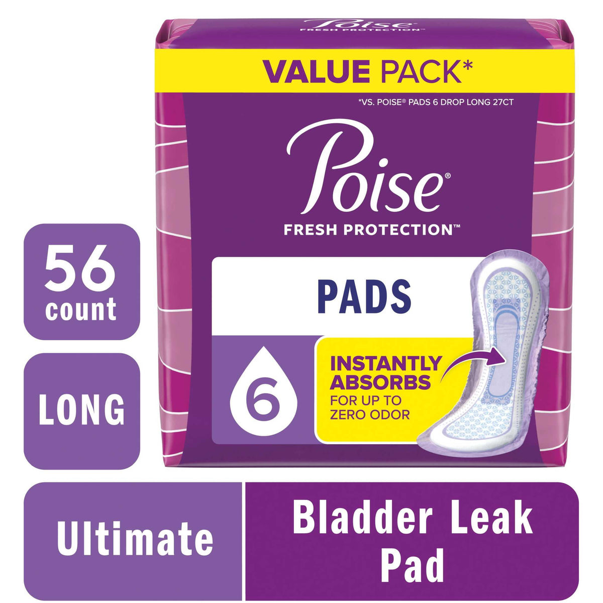 Poise Women's Incontinence Pads, Ultimate Absorbency, Long Length (56 Count)