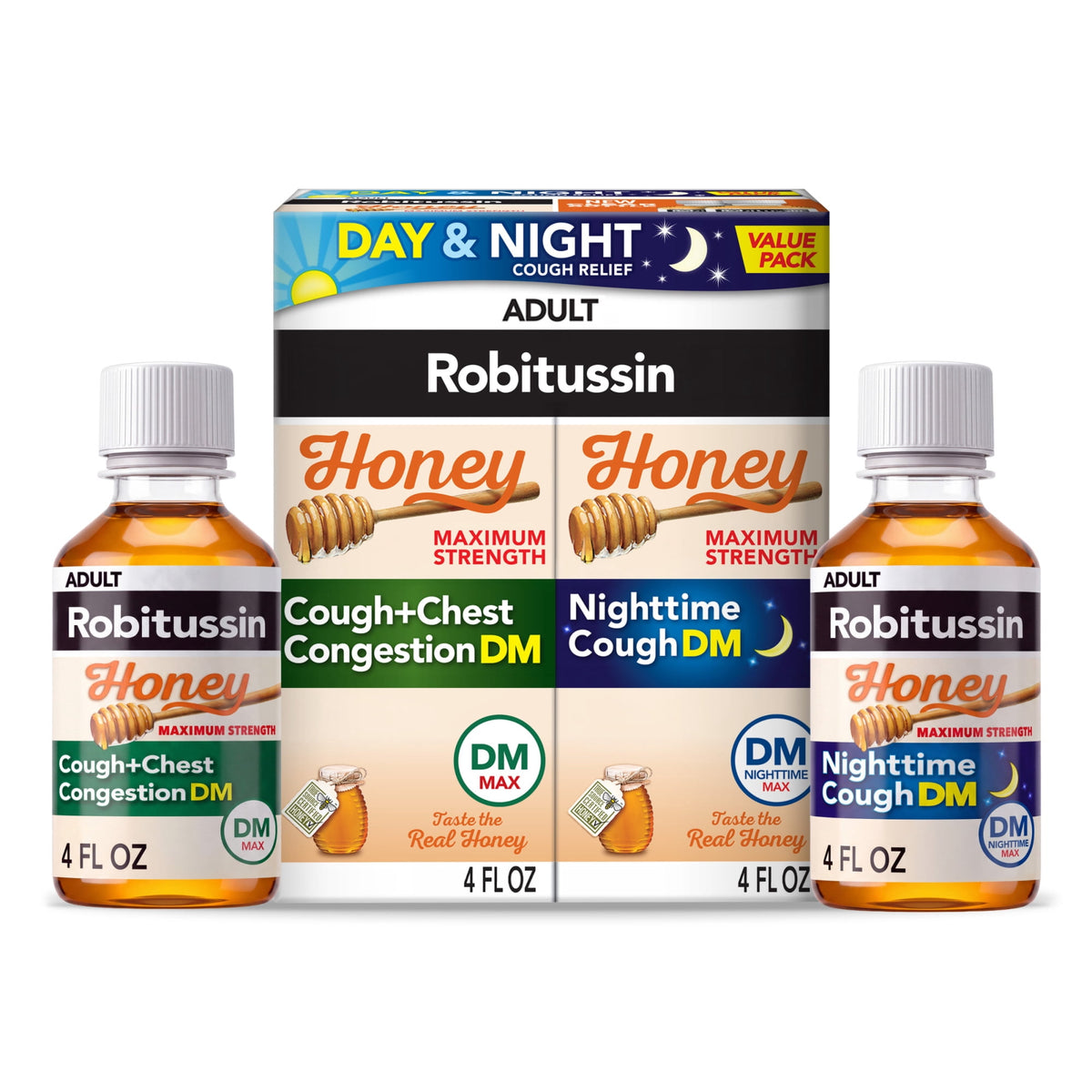 Robitussin Max Strength Cough Congestion DM and Cold Medicine for Nighttime Relief, Honey, 4 Fl Oz, 2 Pack