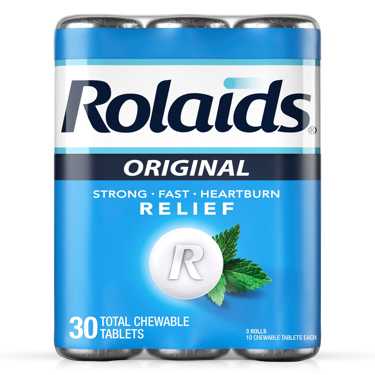 Rolaids Original Strength Antacid, 30 Chewable Tablets, Mint Flavor, Original Strength Heartburn Relief, 3 x 10 Tablets
