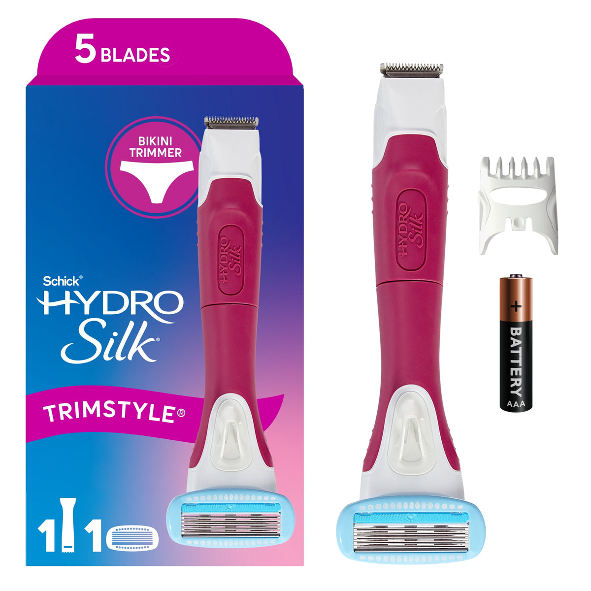 Schick Hydro Silk TrimStyle Razor with Bikini Trimmer for Women – 1 Handle, 1 Refill & 1 Battery