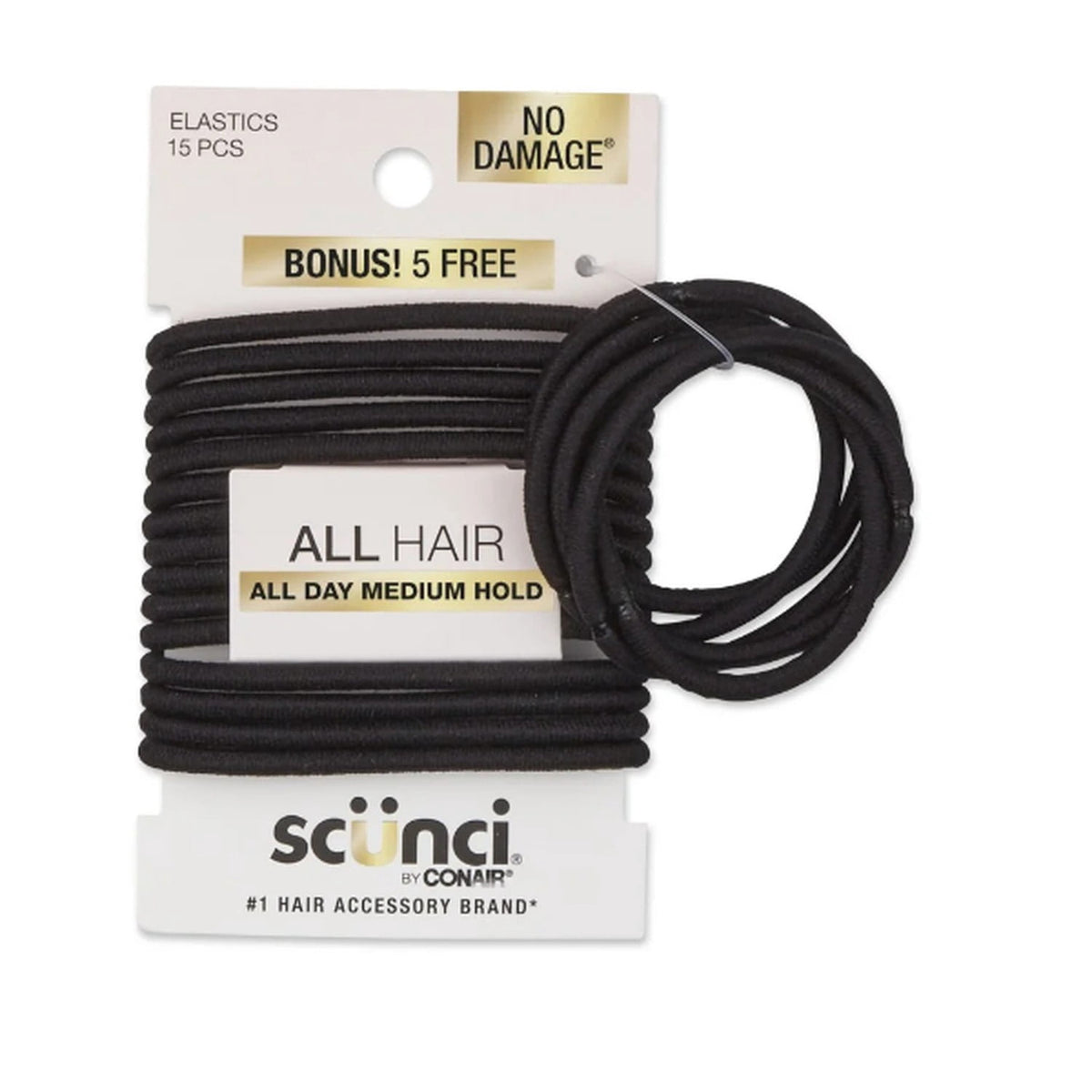 Scunci No Damage No Metal Hair Ties, Black, 15 Count with 5 Bonus Ponytail Holders