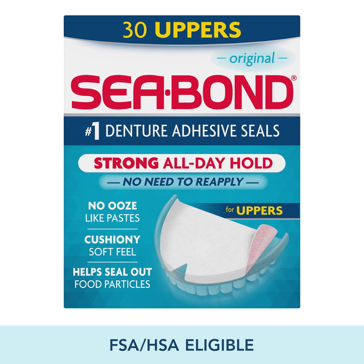 Sea Bond Secure Denture Adhesive Seals, Original Uppers, Zinc-Free, All-Day-Hold, Mess-Free, 30 Count
