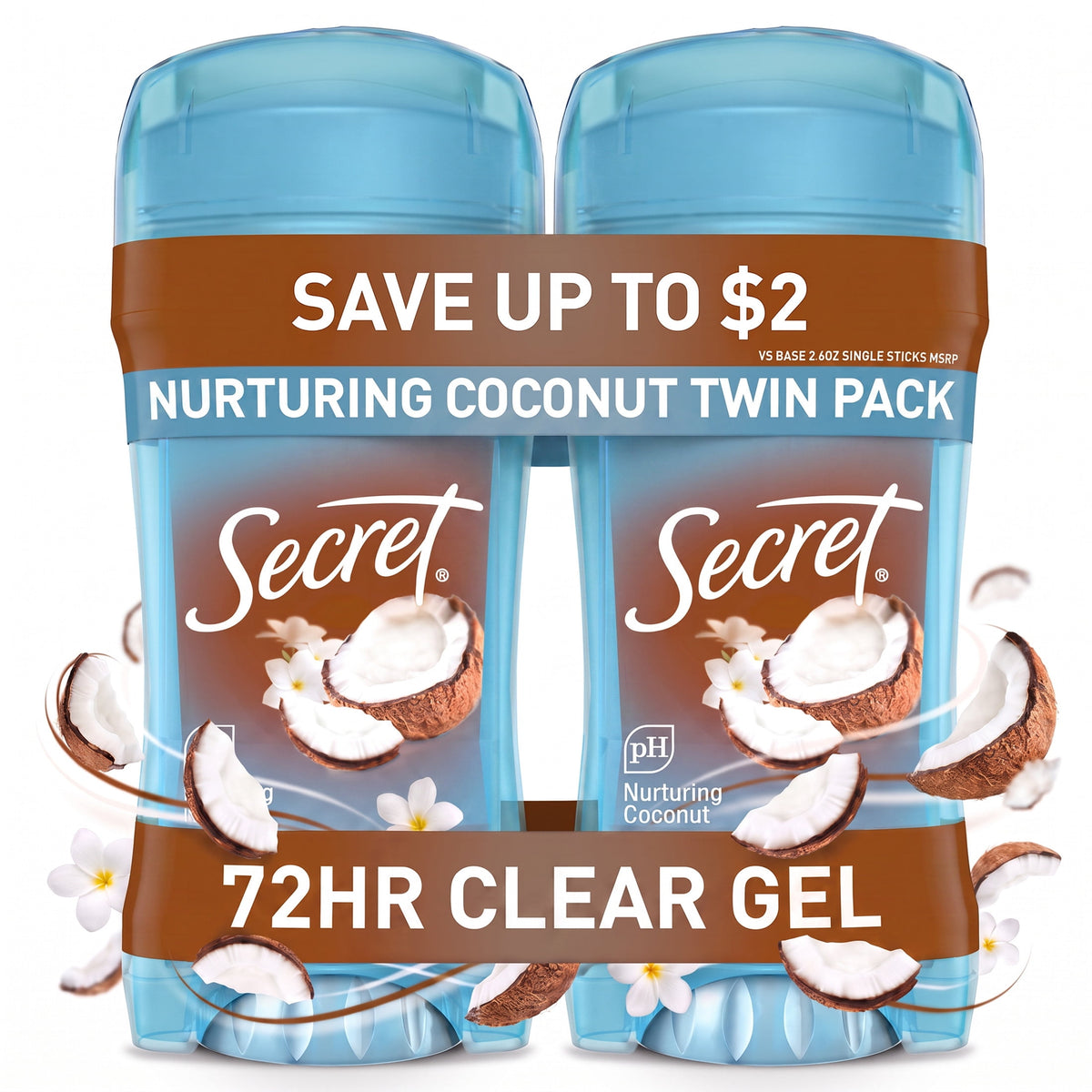 Secret Fresh Antiperspirant Deodorant for Women, Clear Gel, Coconut Scent, 2.6 oz, Pack of 2