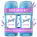 Secret Invisible Solid Antiperspirant Deodorant, Clean Lavender, 2.6 oz, Twin Pack