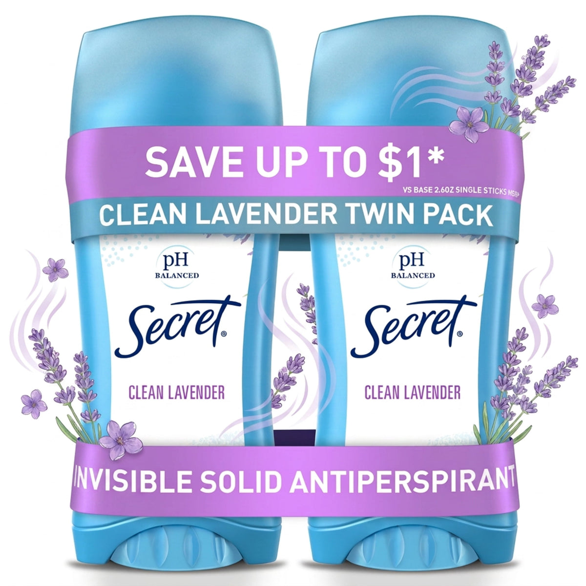 Secret Invisible Solid Antiperspirant Deodorant, Clean Lavender, 2.6 oz, Twin Pack