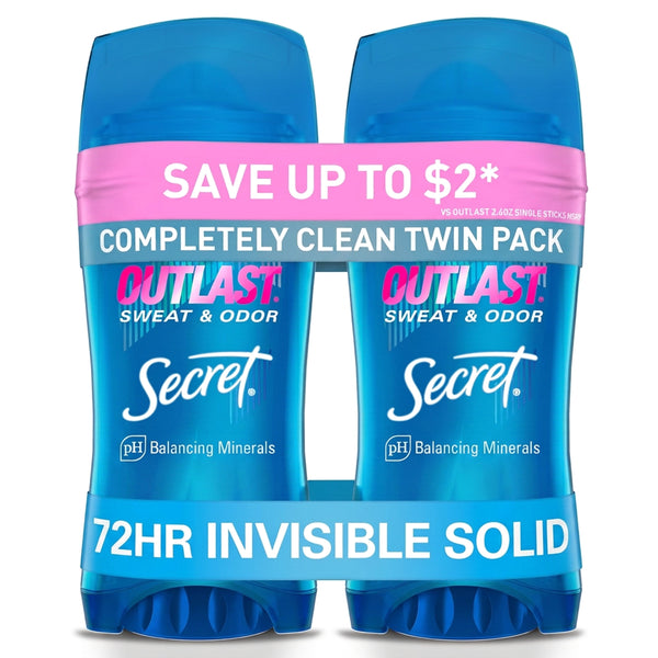 Secret Outlast Antiperspirant Deodorant for Women, Invisible Solid, Completely Clean, 2.6 oz, Twin Pack