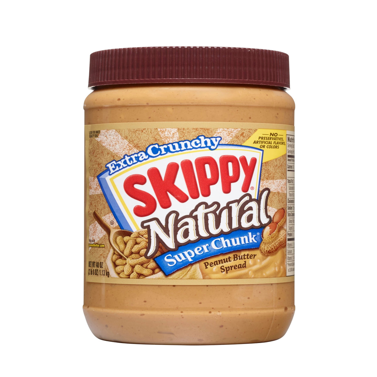 SKIPPY Natural SUPER CHUNK Peanut Butter Spread, Crunchy Peanut Pieces, 7g (7% DV) Protein, 40 oz Jar