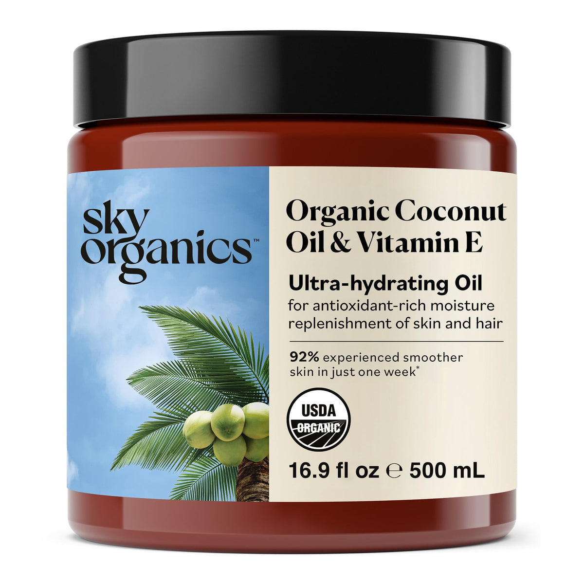 Sky Organics Organic Coconut Oil & Vitamin E Ultra-Hydrating Oil for Hair + Skin, 16.9 fl oz