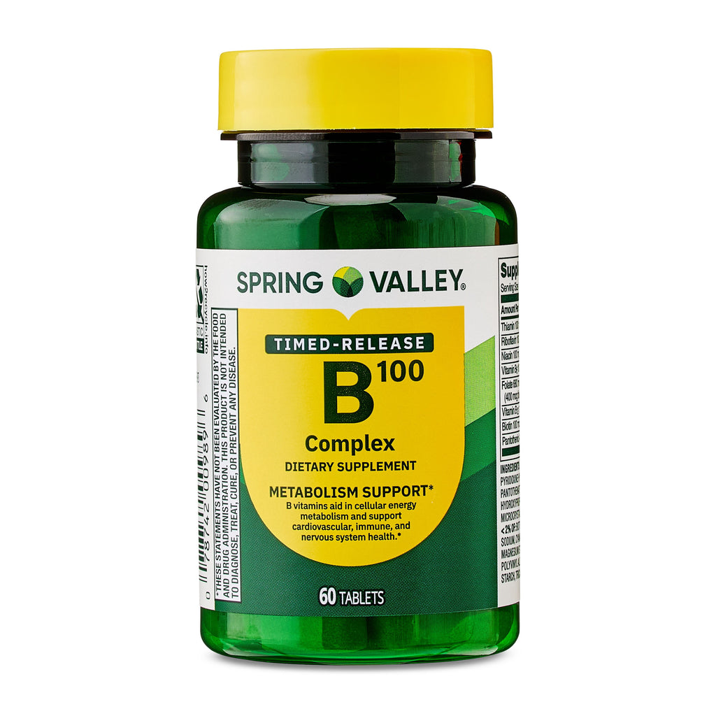 Spring Valley B-100 Complex, 60 Count, Dietary Supplement Timed-Release Tablets for Metabolism Support