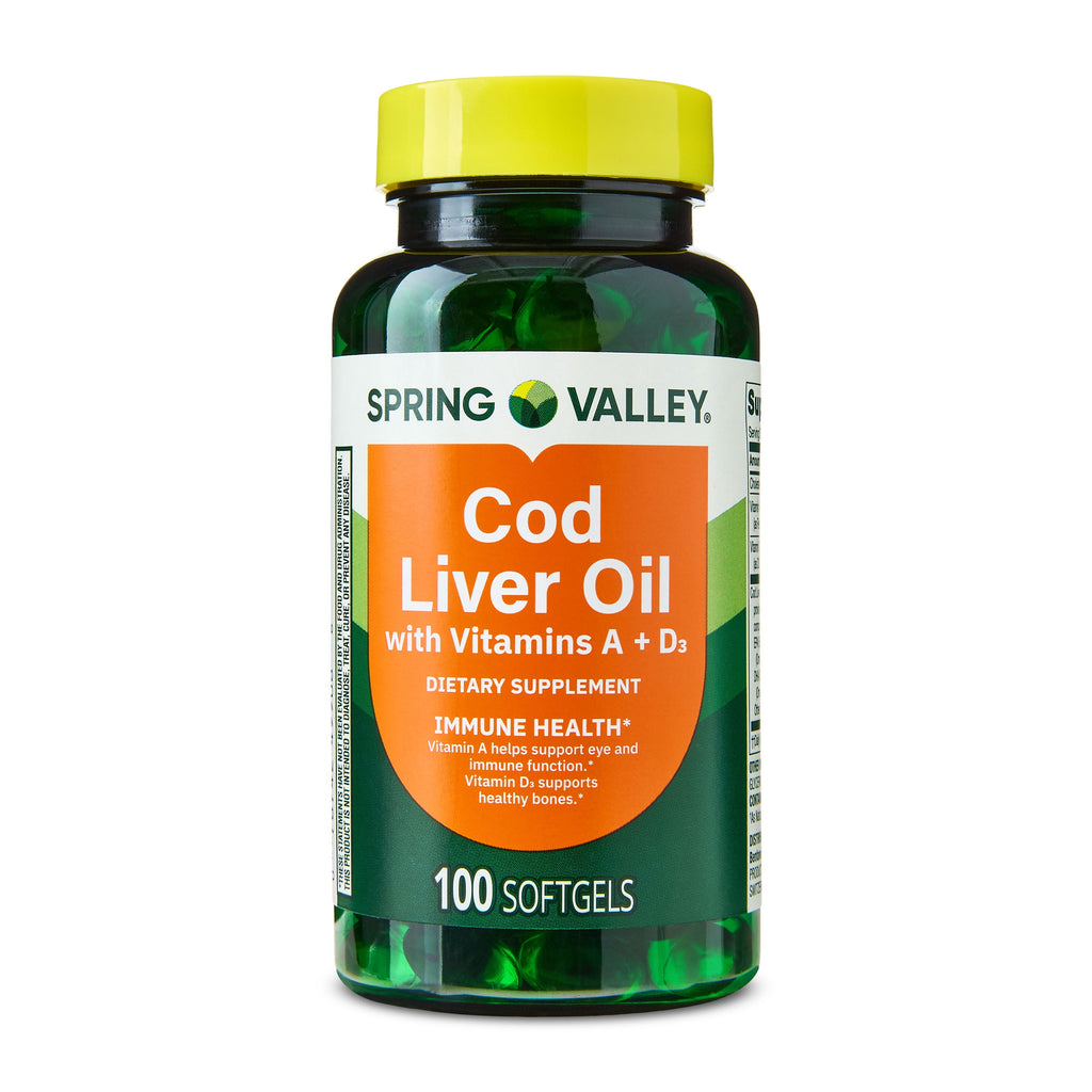 Spring Valley Cod Liver Oil Plus Vitamins A & D3 Dietary Supplement, 100 Count