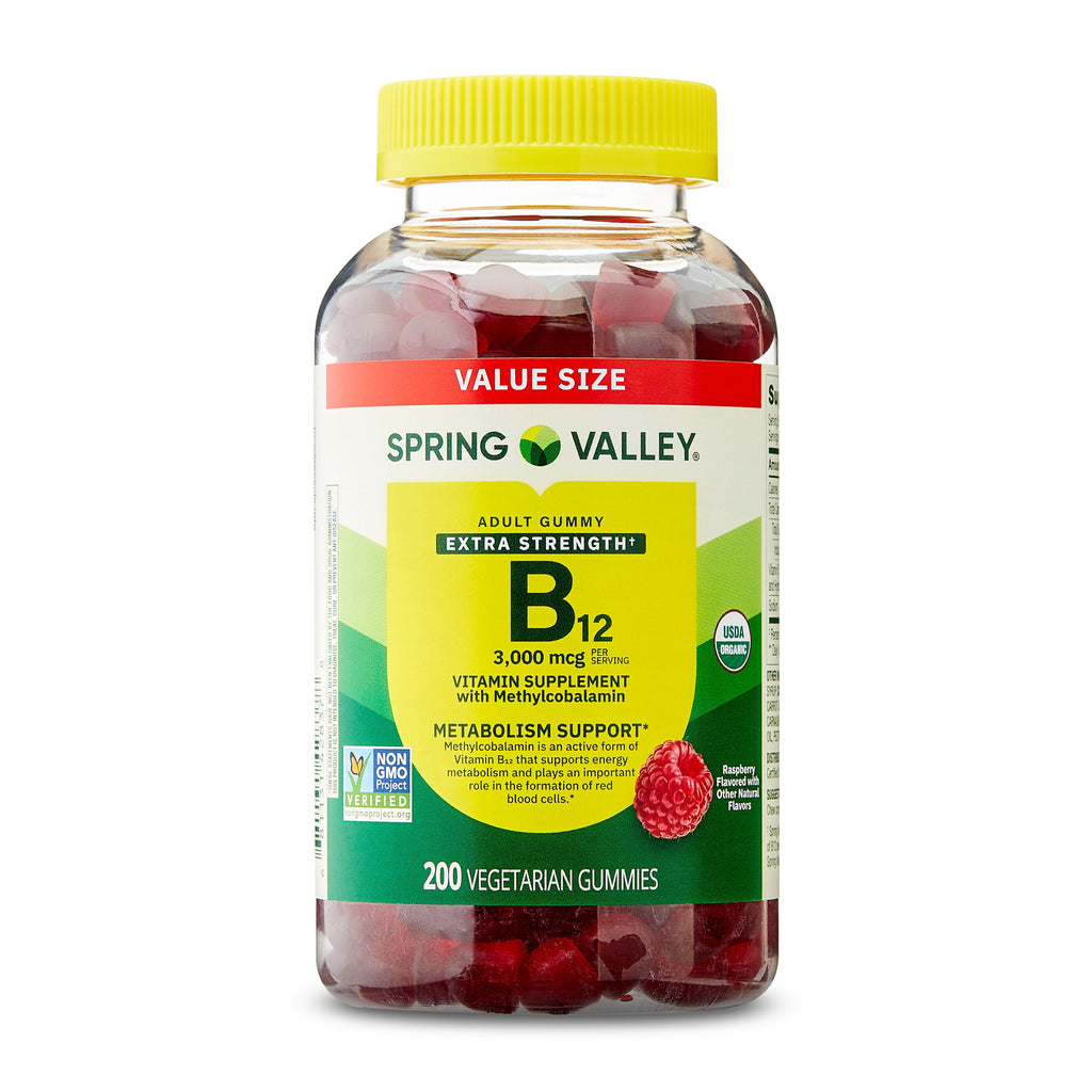Spring Valley Extra Strength Vitamin B12 Supplement, Raspberry Flavor, 3000 mcg, 200 Count, Vegetarian Gummies for Metabolism Support