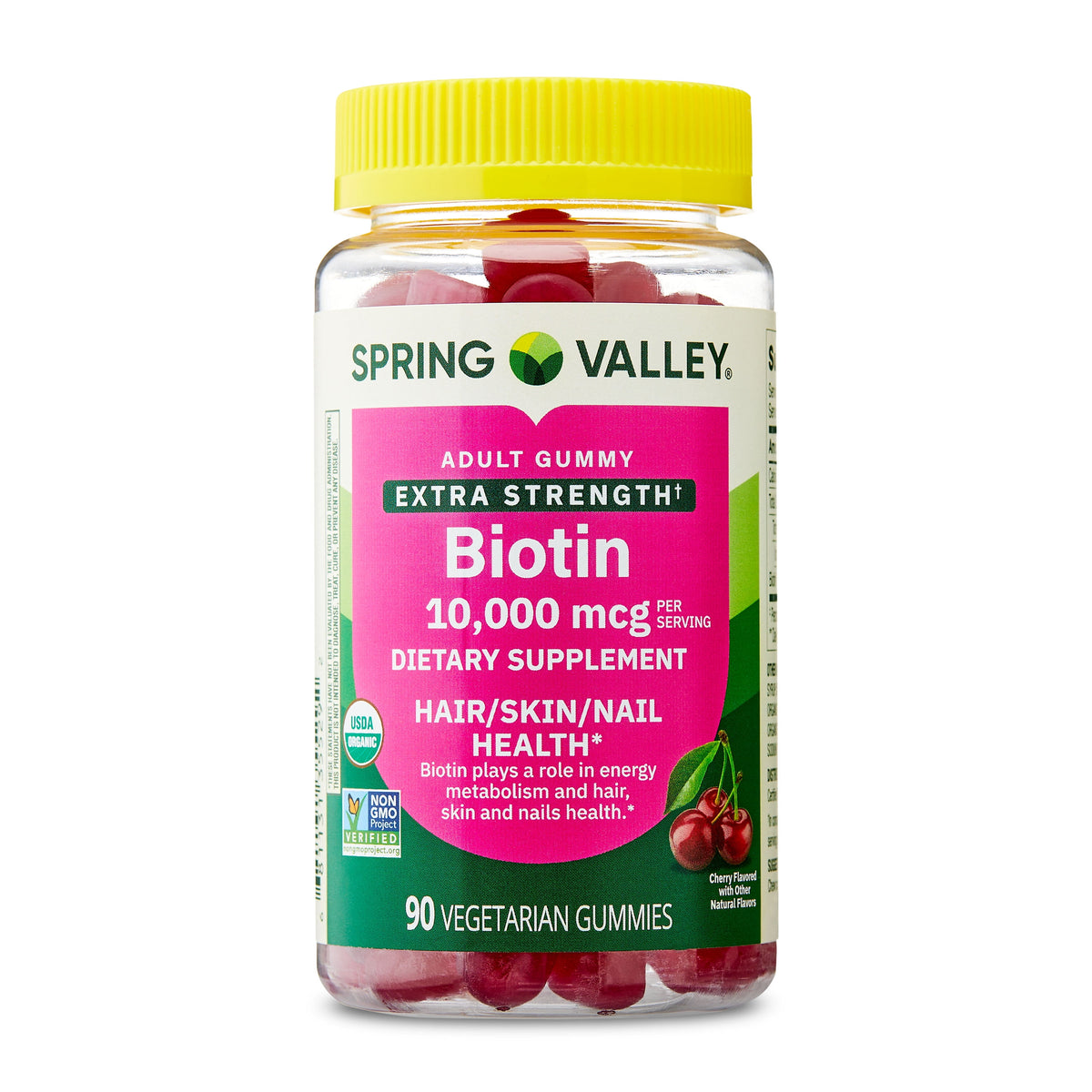 Spring Valley Organic Extra Strength Biotin Vegetarian Gummies for Hair/Skin/Nail Health, Cherry, 10000 mcg, 90 Count