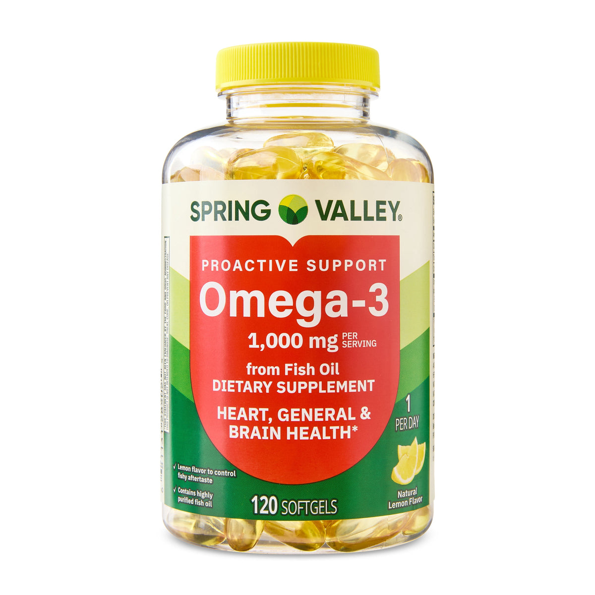 Spring Valley Proactive Support Omega-3 Fish Oil Dietary Supplement Softgels for Heart/General/Brain Health, 1000 mg, 120 Count