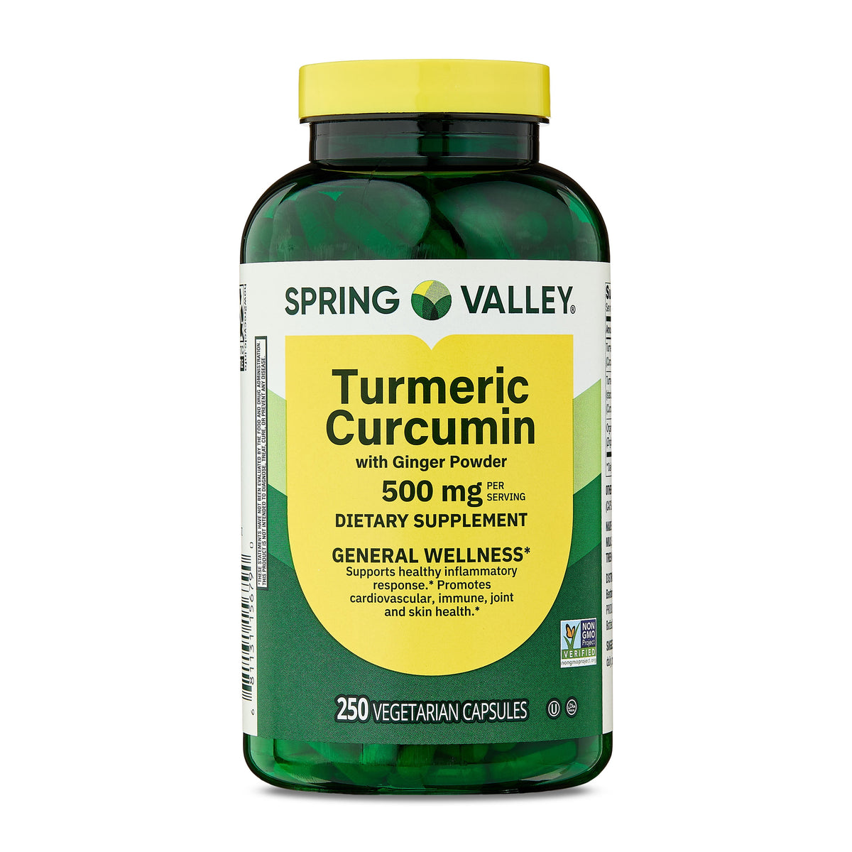 Spring Valley Turmeric Curcumin with Ginger Powder Dietary Supplement Vegetarian Capsules for General Wellness, 500 mg, 250 Count