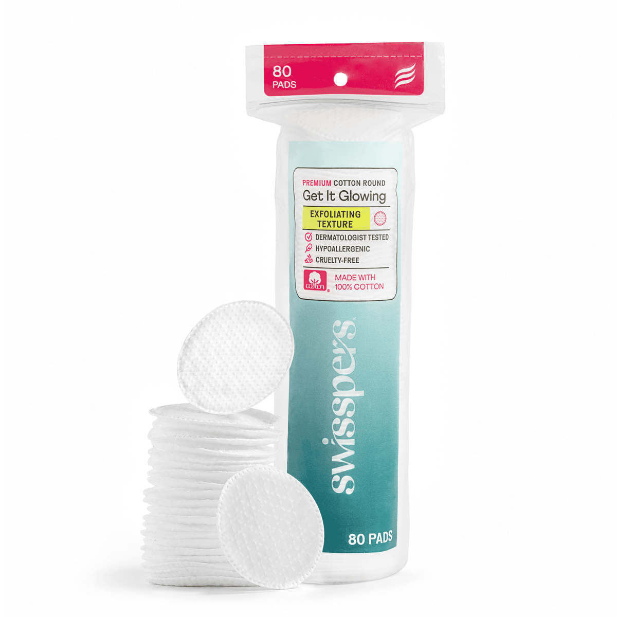 Swisspers Premium Exfoliating 100% Pure Chlorine Free Cotton Rounds, Dermatologist Tested, Soft, Absorbent, Dual-Sided, Gentle Natural Exfoliation