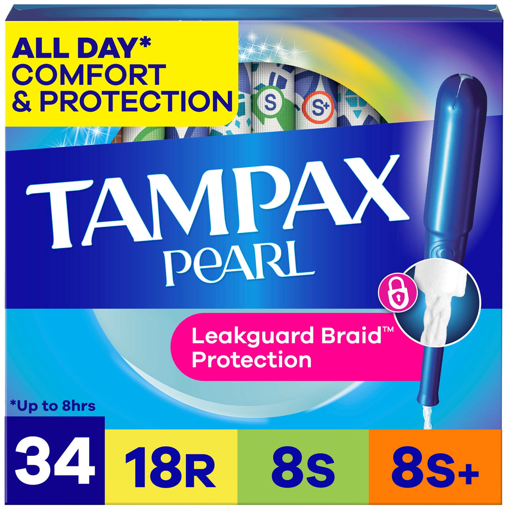 Tampax Pearl Tampons Multipack, with LeakGuard Braid, Regular/Super/Super Plus Absorbency, Unscented, 34 Count