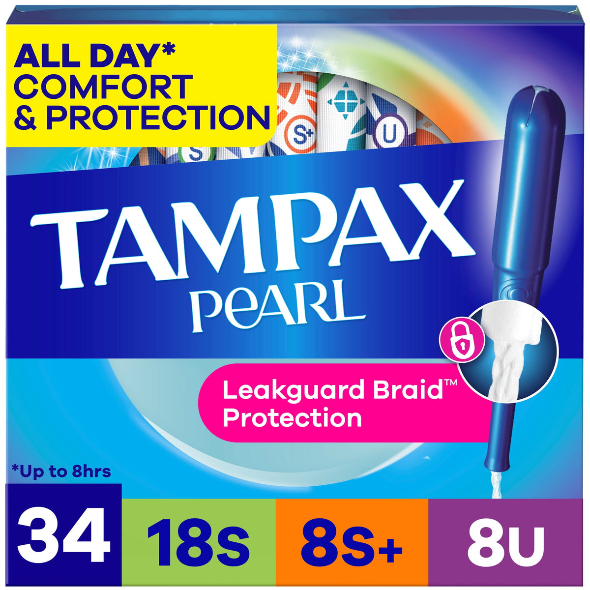 Tampax Pearl Tampons Multipack with LeakGuard Braid, Super/Super Plus/Ultra, 34 Count