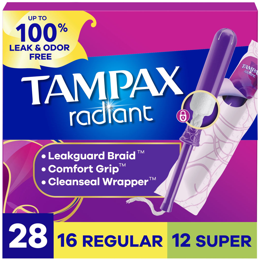 Tampax Radiant Tampons Multipack, with LeakGuard Braid, Regular/Super, 28 Count