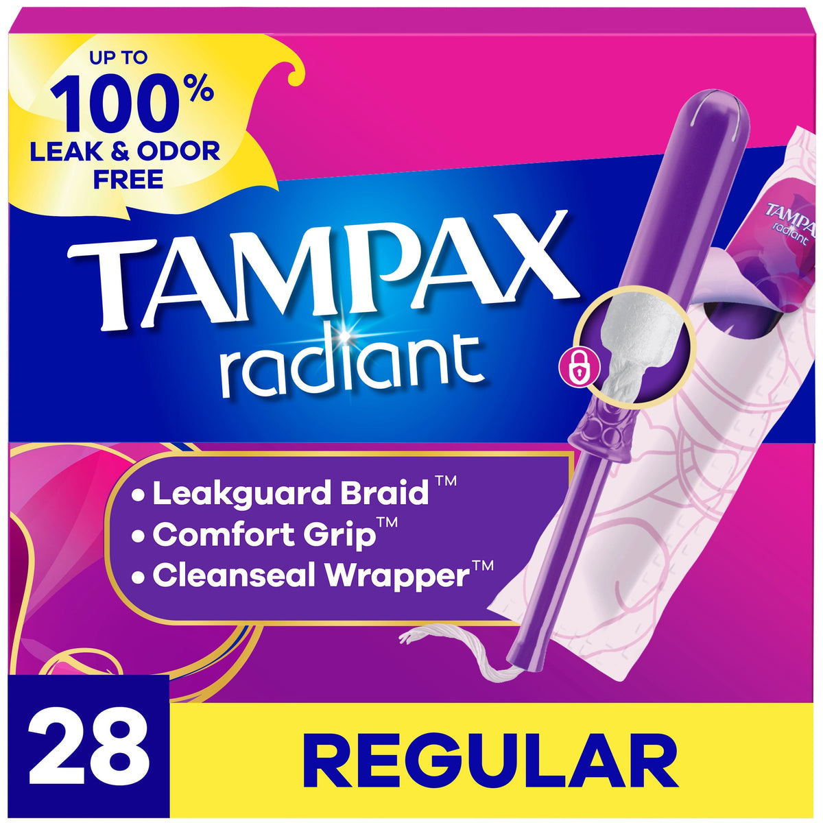 Tampax Radiant Tampons, with LeakGuard Braid, Regular, 28 Count